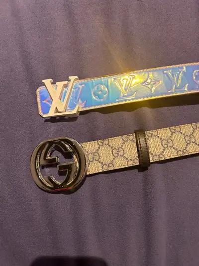 Louis Vuitton prism belt (110cm long) and classic monogram Gucci belt (115cmlong) both fit waist siz...