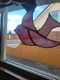 Vintage Pink Stained Glass Bird Window Suncatcher 