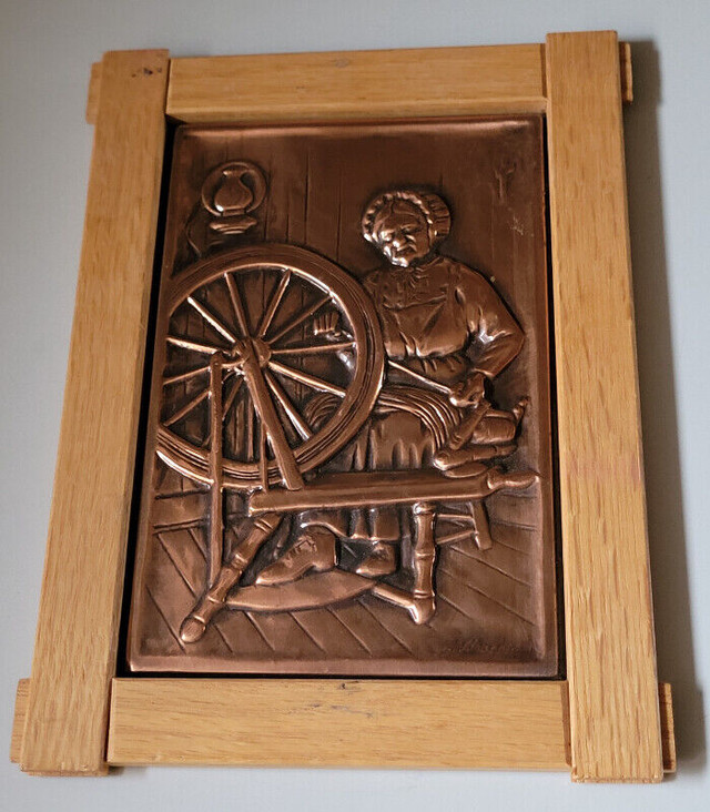Vintage Colonial Pioneer Woman at Spinning Wheel Copper in Wood in Arts & Collectibles in Oshawa / Durham Region - Image 3