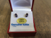 Brand New 10KT Yellow Gold Iolite Earrings For Sale