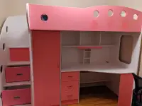 Loft bed with desk, closet, and drawers