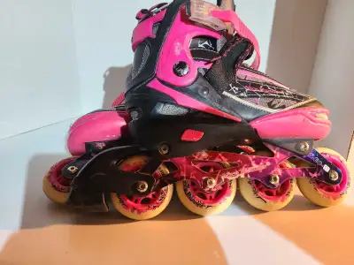 2 pairs of rollerblades available. 1 kids pairs adjustable from size 1-4 and adult pair men's size 1...