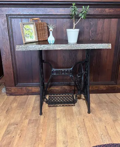 Vintage Singer Base table with Rustic Wood Slab top , View more