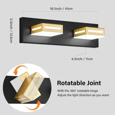 LED Bathroom Vanity Light, Rotatable 2-Light Black & Gold Wall, View more