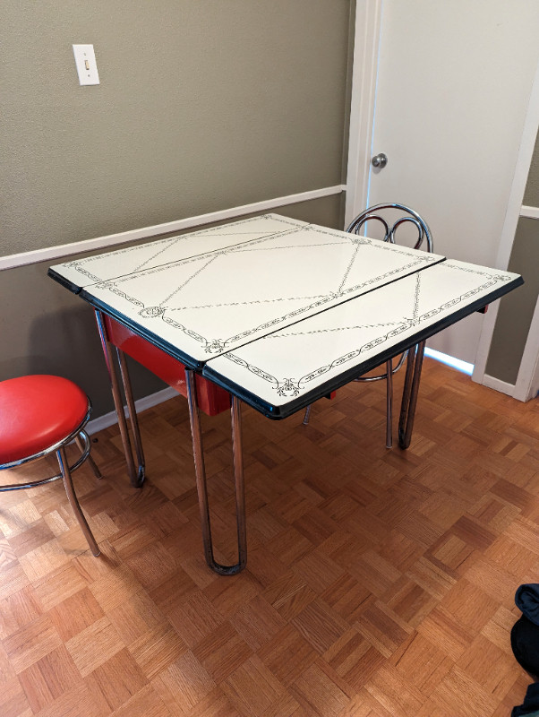 Vtg Circa 40’s Tepco Porcelain Top Table w/ Slide Outs & Drawer