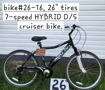 Various 26" tire bikes, ready to ride today STARTING at $75.00. Each bike has a price and a bike num...