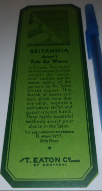 1926 The T. Eaton Co. BRITANNIA Vintage Bookmark Old Ephemera