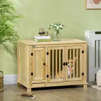 Wooden Dog Crate Furniture with Drawer Bowl Storage, Dog Kennel 