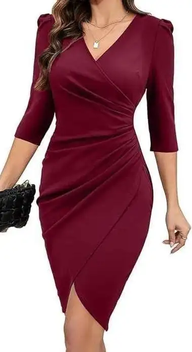 Women's V Neck Long Sleeve Cocktail Dress 2XL Wine Red, View more