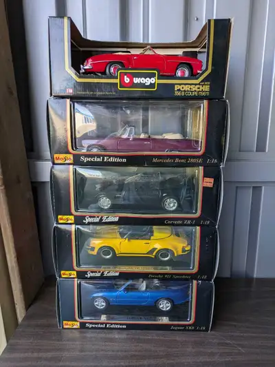 5 different diecast cars, all 1 :18 scale. 1961 Porsche 356B Convertible Coupe. 1966 Mercedes Benz 2...