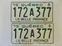 ORIGINAL RARE VINTAGE PAIR of 1975 QUEBEC LICENSE PLATES