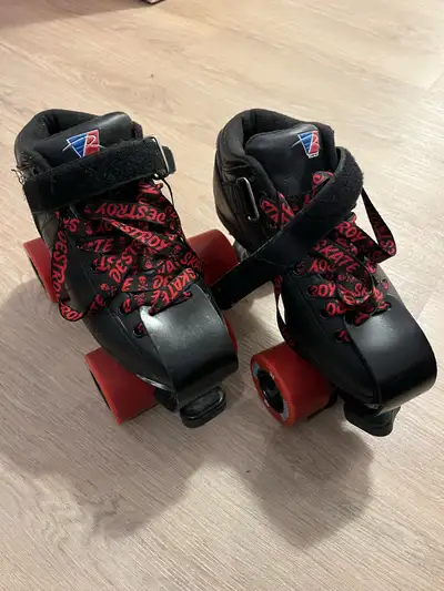 Gently used roller derby skates and gear. Comes with full set each of indoor and outdoor wheels with...