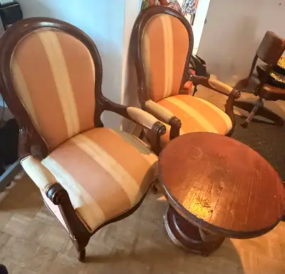 Two Antique Victorian Chairs & One Handmade Table Purchased for $1200. Chairs requires some tlc. Sal...