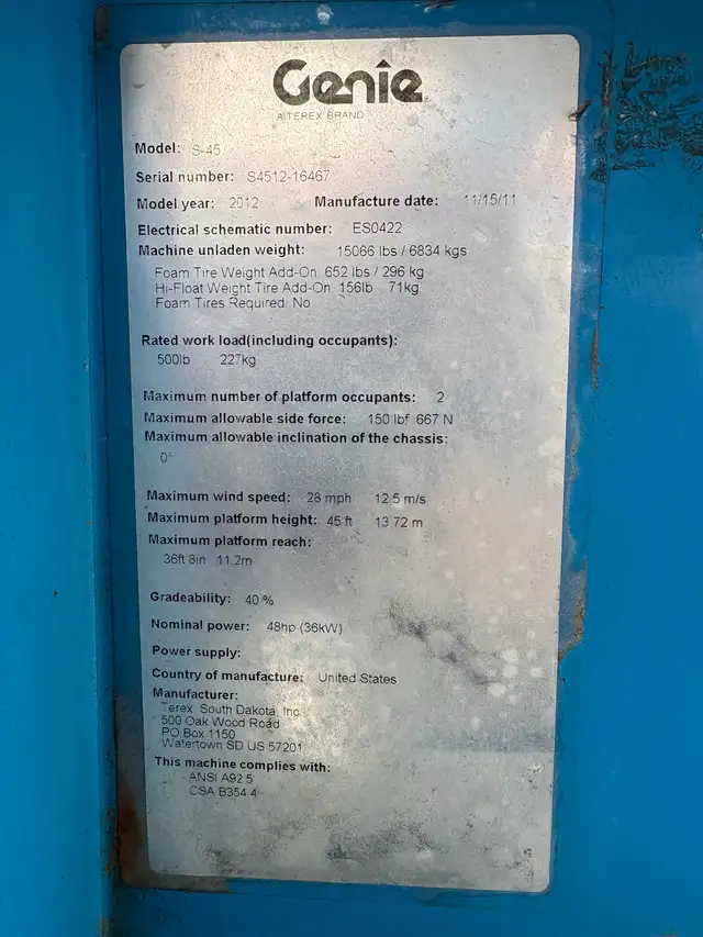 Genie S45, $19000, Deutz 4x4, 2012, Fully Certified, 4065 Hrs in Heavy Equipment in Hamilton - Image 4