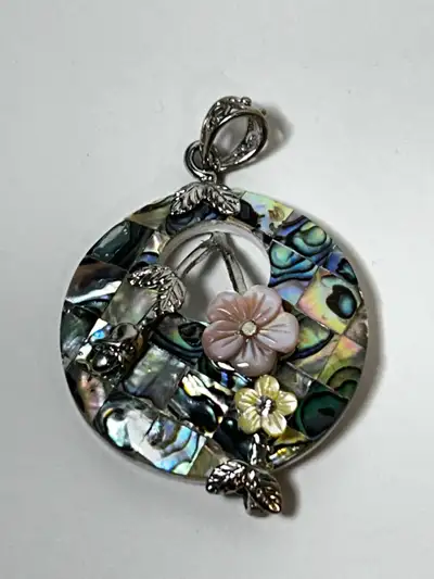 Silver Tone CZ Abalone Inlaid Moo Lee Sanda Flower Pendant Neckl, View more