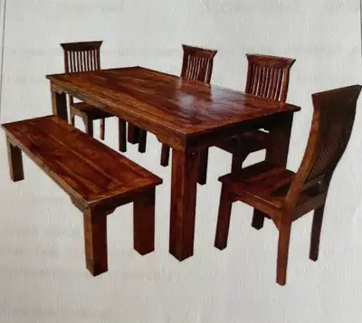 Rustic Solid Wood Casual Dining Table with 4 Chairs & Bench, View more