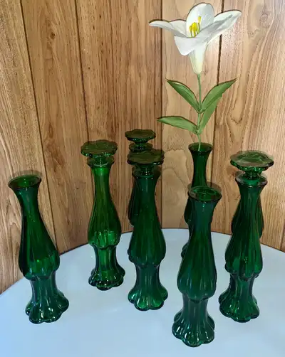 Set of 11 Vintage (70’s), AVON emerald bud vases, View more