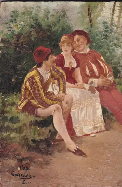 ancien tableau sur panneau de bois, d'après Garnier par Z...., View more