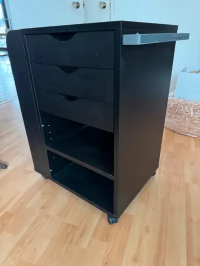 A storage unit that rolls under a desk or table. Black unit with drawers, open shelves and sleeves....