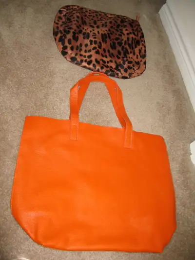 Orange Leather Tote Bag with Leopard Print Pouch, View more