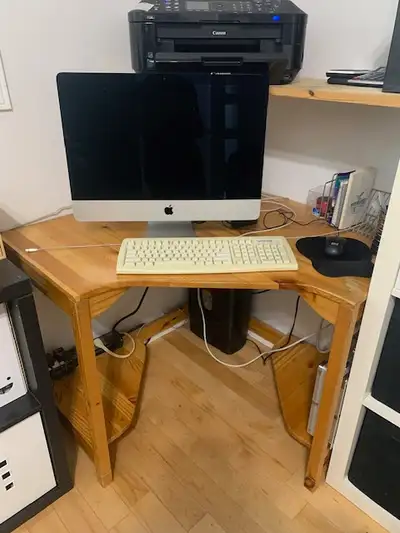 2 IKEA CORNER DESKS, SOLID PINE, NATURAL COLOUR (WALL SHELVES ARE AVAILABLE) 37"X37" 28" H $50 EACH...