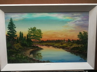 Peinture artiste toile tableau huile coucher soleil paysage eau