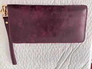 Burgundy Leather wallet with zipper and strap, View more