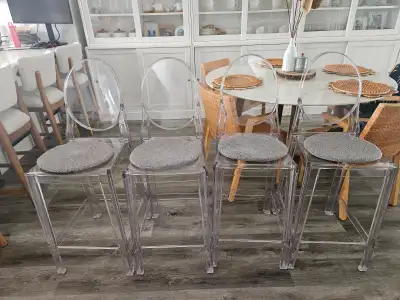 4 acrylic counter stools with seat pads Seat height 25.5 inches Seat width 14.5 inches Seat depth 14...
