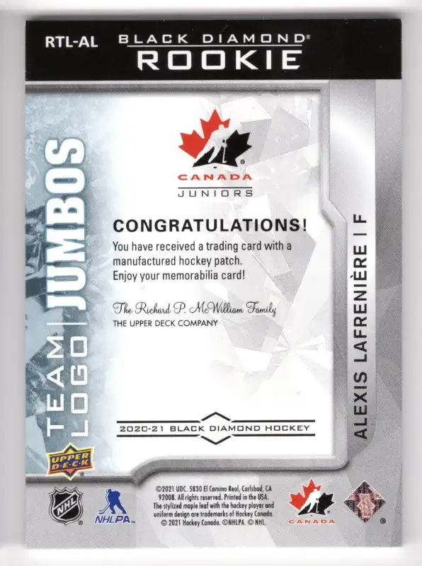 2020-21 Black Diamond Rookie Team Logo Patches Alexis Lafrenière | Arts ...