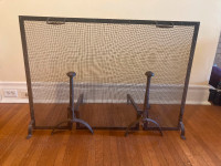 antique wrought iron fire screen and andirons
