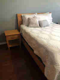  Solid Oak Bed Frame, End Tables and Dresser - Queen
