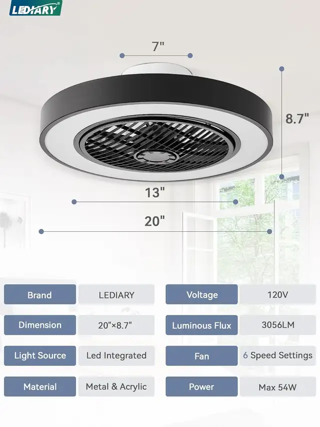 LEDIARY Bladeless Ceiling Fan – Modern Black, Dimmable LED Light in Indoor Lighting & Fans in Mississauga / Peel Region - Image 4