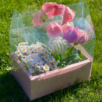 Handmade Crochet Flower Basket Pink Tulip, Candle & Fairy Lights