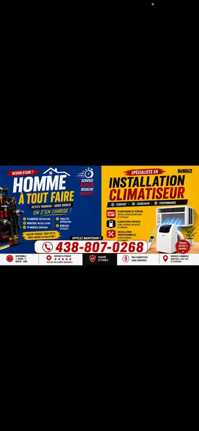 INSTALLATION CLIMATISEUR-LAVEUSE-TOILETTE-HOTTE-ASSEMBLAGE-STORE, View more