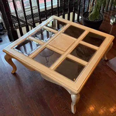 Solid Wood Coffee Table with Bevelled Smoked Glass Inserts, View more