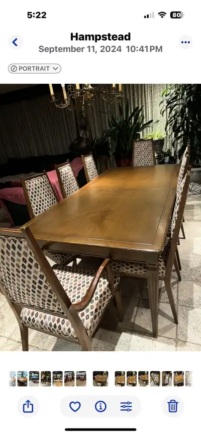 Vintage wooden dining room table with 8 chairs, View more