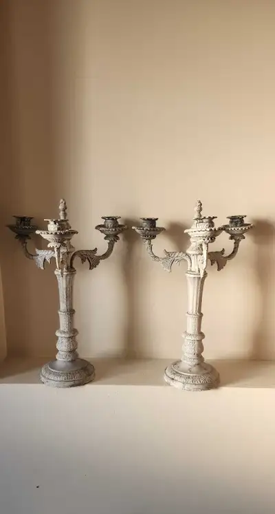Beautiful Ornate Vintage Antique 3 Arm Solid Brass Cherub Candelabras. Are coated in a matte antique...