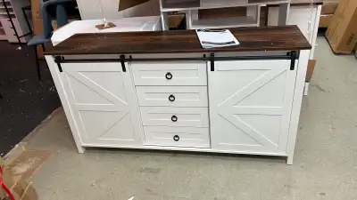 60" Buffet Cabinet, Farmhouse Sideboard with Sliding Barn Doors, Drawers and Adjustable Shelves, Cre...