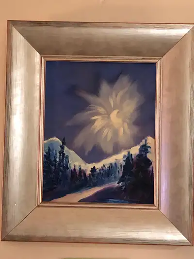 “Moonburst”, original oil painting on canvas by local artist Patricia Rawnsley (seller). Framed with...