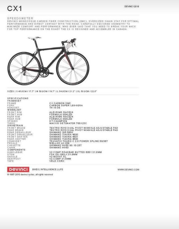 2010 Devinci CX1 Carbon Road Bike for Sale in Road in Kitchener / Waterloo