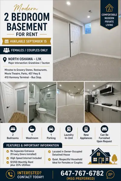 2 Bedroom Basement – Sept 15 (N. Oshawa) Renovated 2 bedroom + 1 washroom basement in detached house...