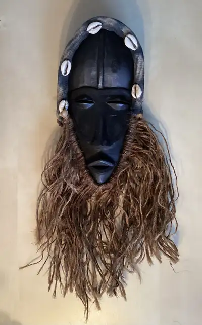 Wooden African Dan Tribal Mask with Fibre Beard & Cowrie Shells, View more