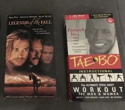 VHS movies Legends of the Fall $3.00 Tae-Bo Fitness Workout $5.00 Home Alone $3.00 Home Alone 2 $3.0...