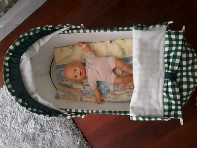 Handmade Doll Bassinet, including doll, fabric is a green & white check pattern, top part retracts d...