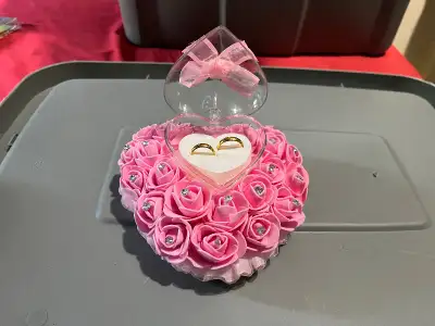 Wedding ring pillow brand new never used ! Super pretty wedding day ring pillow , pink foam flowers...