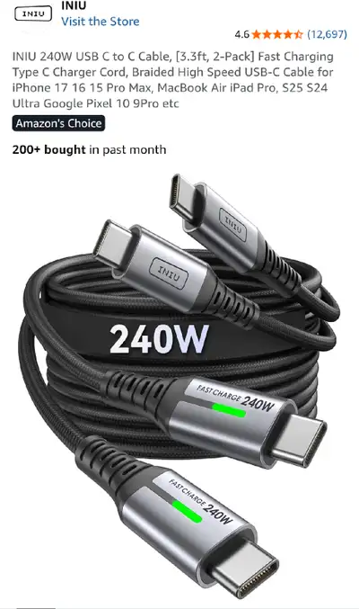 INIU 240W USB-C to USB-C Cable Set of 2, View more