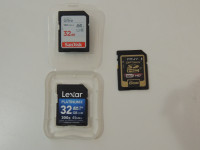 3 High end  SD Cards for Cameras - Two 32GB - One 8 GB $50 All