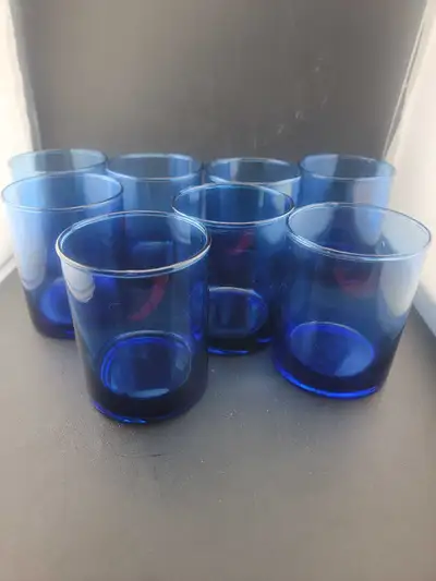 8 Vintage Hand blown Blue Glass Tumblers, View more