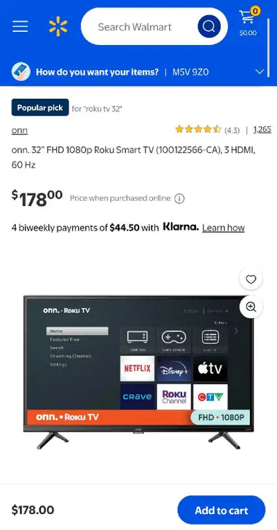NEW ONN 32" 1080p ROKU SMART TV $119.99, View more