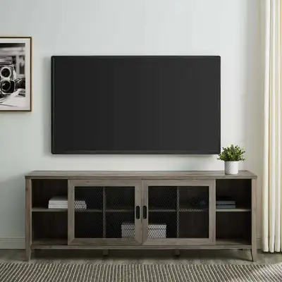 Farmhouse Sliding Metal Barn Door Wood TV Stand Storage Cabinet, Voir plus
